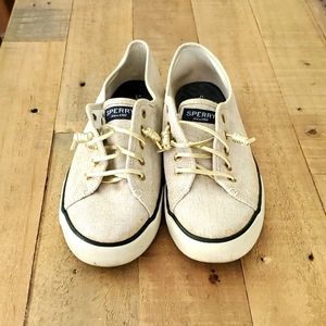 Sperry slip on Canvas, tan and gold Spring Summer shoe